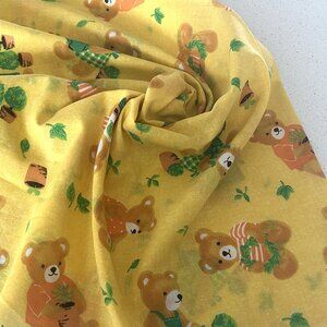 Vintage Teddy Bear Gardening Cotton Poplin Fabric Yellow Novelty Print 10.93 Yds
